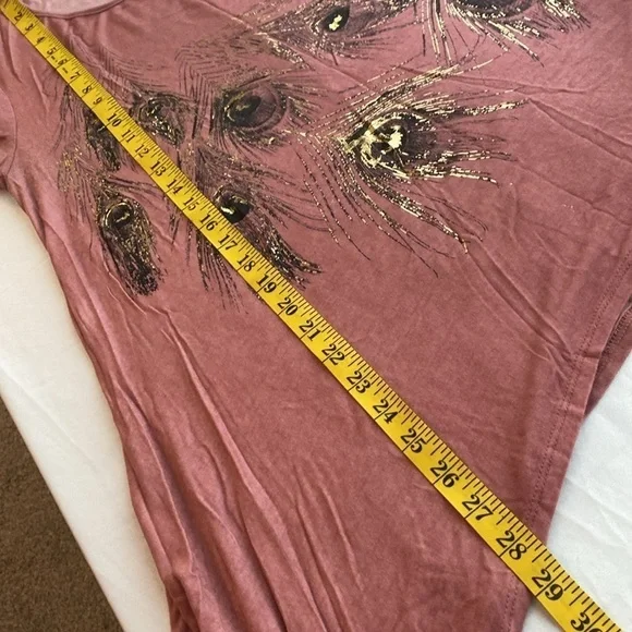 Monroe & Main blouse short sleeves peacock feathers print  shark bite size Large - Picture 3 of 7